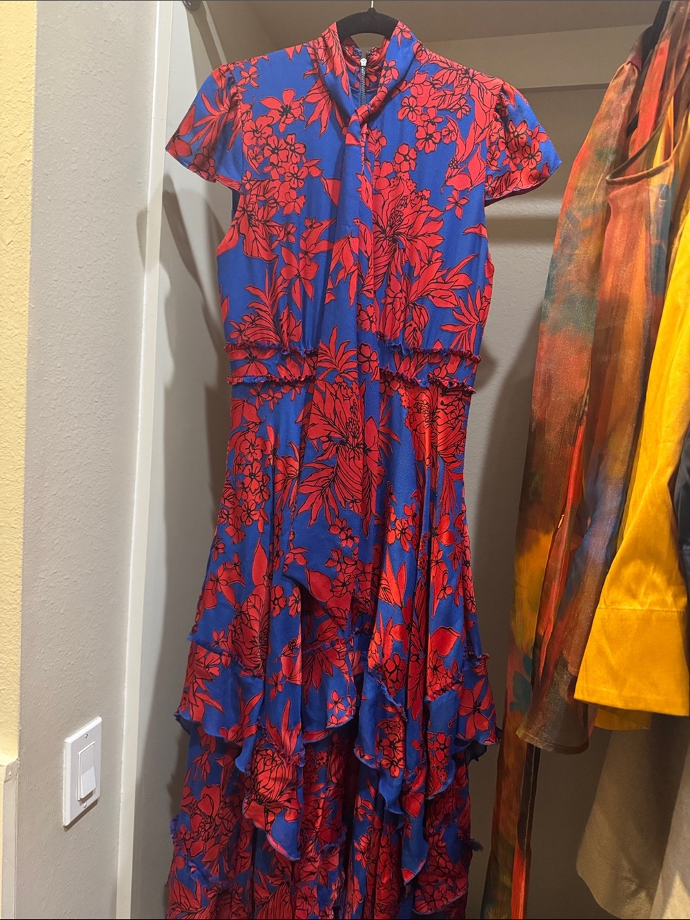 Alice + Olivia Blue Dress with Red Floral Print and Ruffle Hem